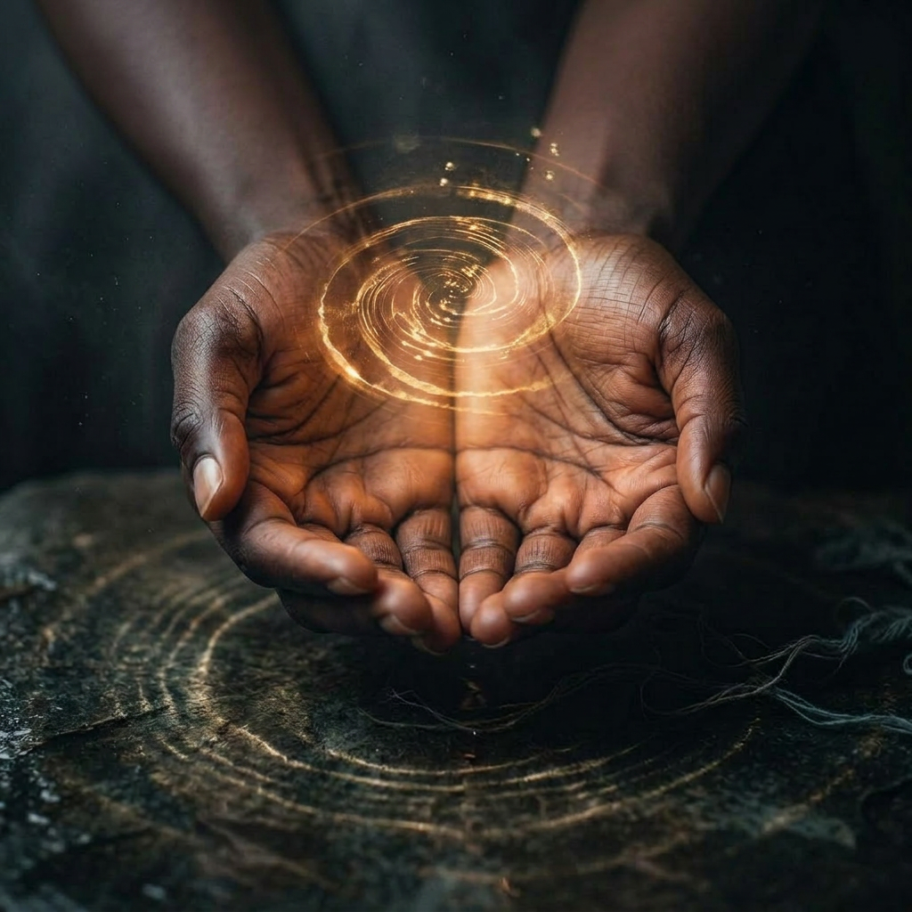 Two hands cupped together holding glowing golden swirling rings above a dark textured surface.